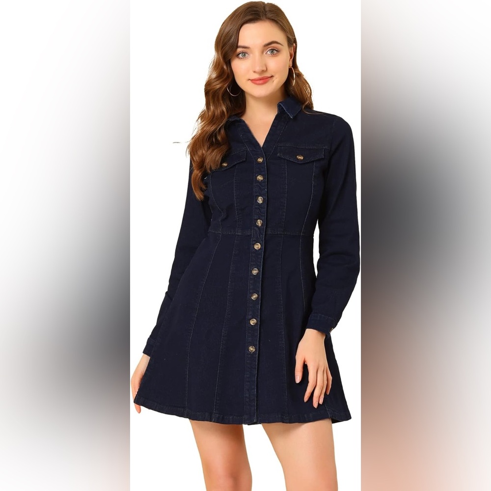 NWT Allegra K Woman’s Blue Denim  Long Sleeve Shirt Dress V-Neck Size L